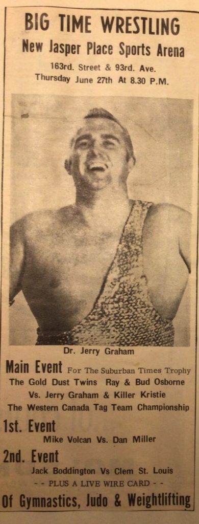 newspaper clipping of large man in wrestling clothes and an advertisement of his match