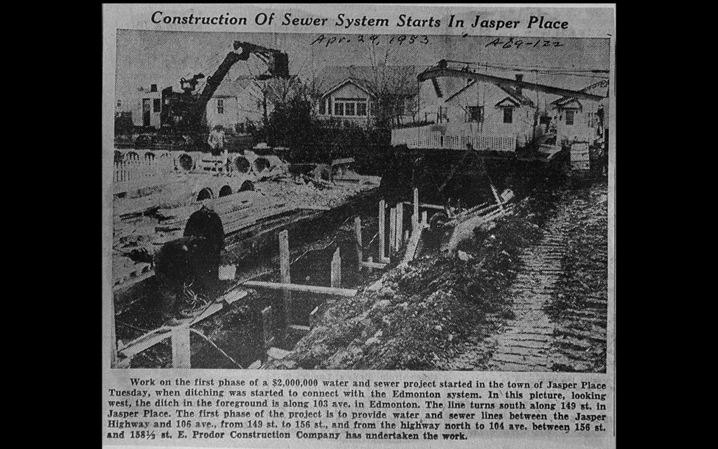 Photo from April 29, 1953 Edmonton Journal, headline reads, Construction of Sewer System Starts in Jasper Place. Courtesy fo the City of Edmonton Archives Clippings files.