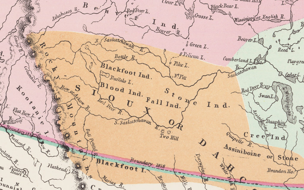 Detail for Southern Alberta of Aboriginal Map of North America, John Arrowsmith, 1857?, made for the Hudson's Bay Company. Shows presence of the Beaver, Blackfoot, Blood, Stone, Sioux, Assiniboine, and Cree.