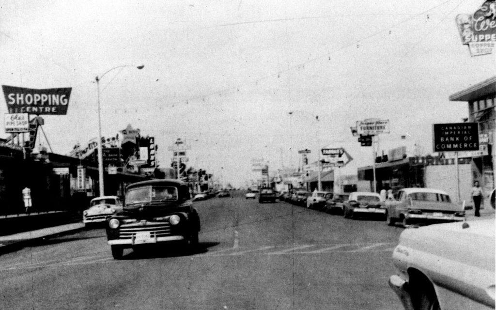 B&W photo of "The Strip" in Jasper Place, early '60s.
