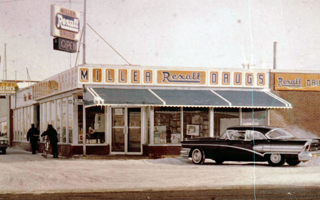 Miller Rexall Drugs at the corner of 156th Street and Stony Plain Road, c. 1960s. Photo supplied by Joe Miller.