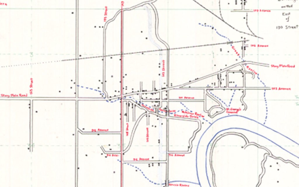 Detail of the West End Edmonton map of 1925 created by Jean Côté in the 1980s. which shows the railway line, the extent of MacKinnon Ravine, and buildings.