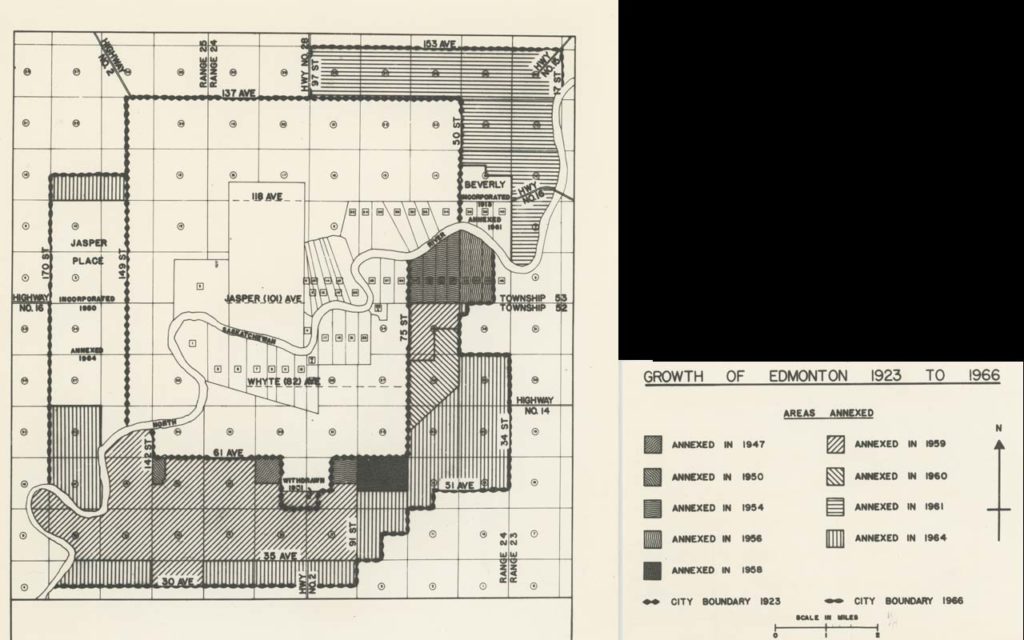 B&W map entitled Growth of Edmonton 1923 to 1966. Shows areas annexed by the City of Edmonton.