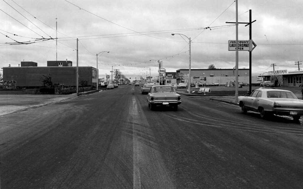 B&W photo of Stony Plain Road looking west from 156 Street, 1965.