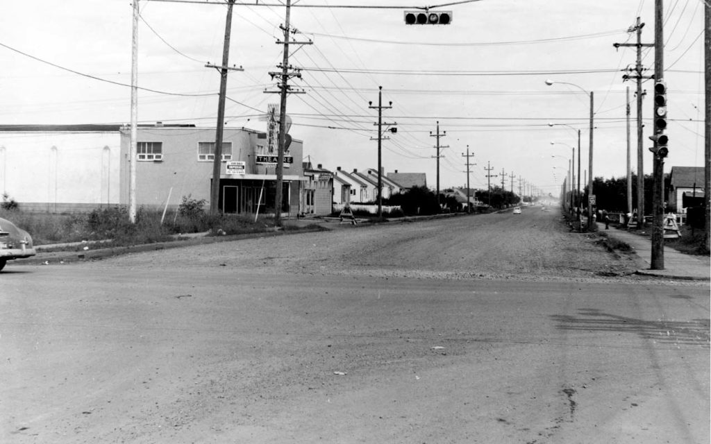 B&W photo of Stony Plain Road looking west from 156 Street, 1960.